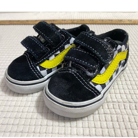 Vans Kids Sneakers Checkerboard Yellow Stripe Blue Sole Size 4 - Picture 2 of 9